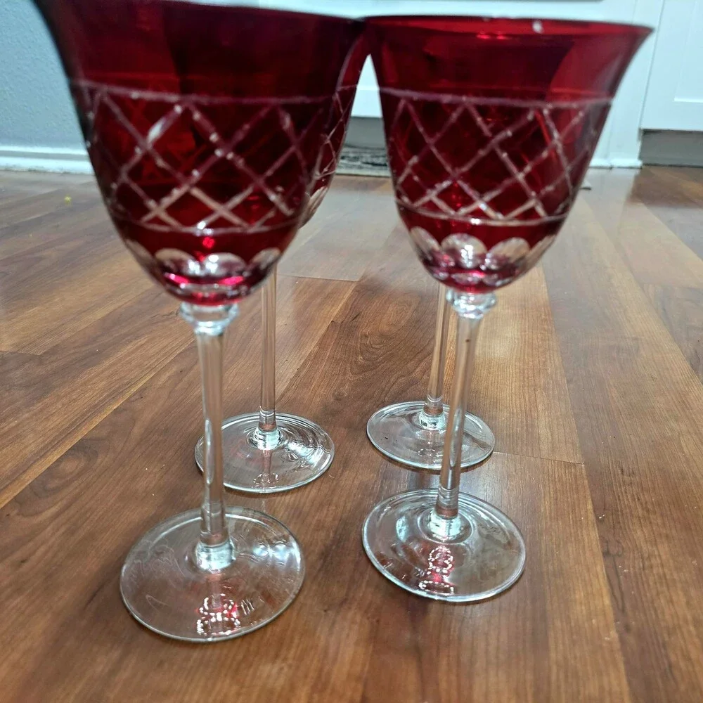Vintage Ruby Cranberry Red Cut Glass Wine Goblets Set of 4 Clear Long Stem